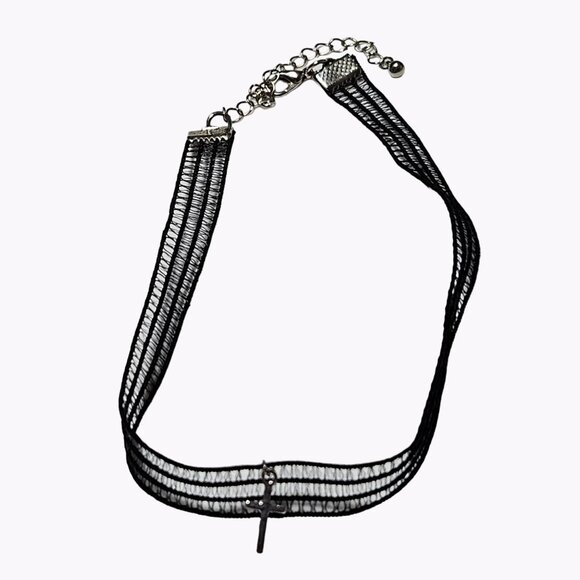 Elegant Black Lace Silver Tone Cross Choker Necklace Religious Spiritual Jewelry - Picture 1 of 4